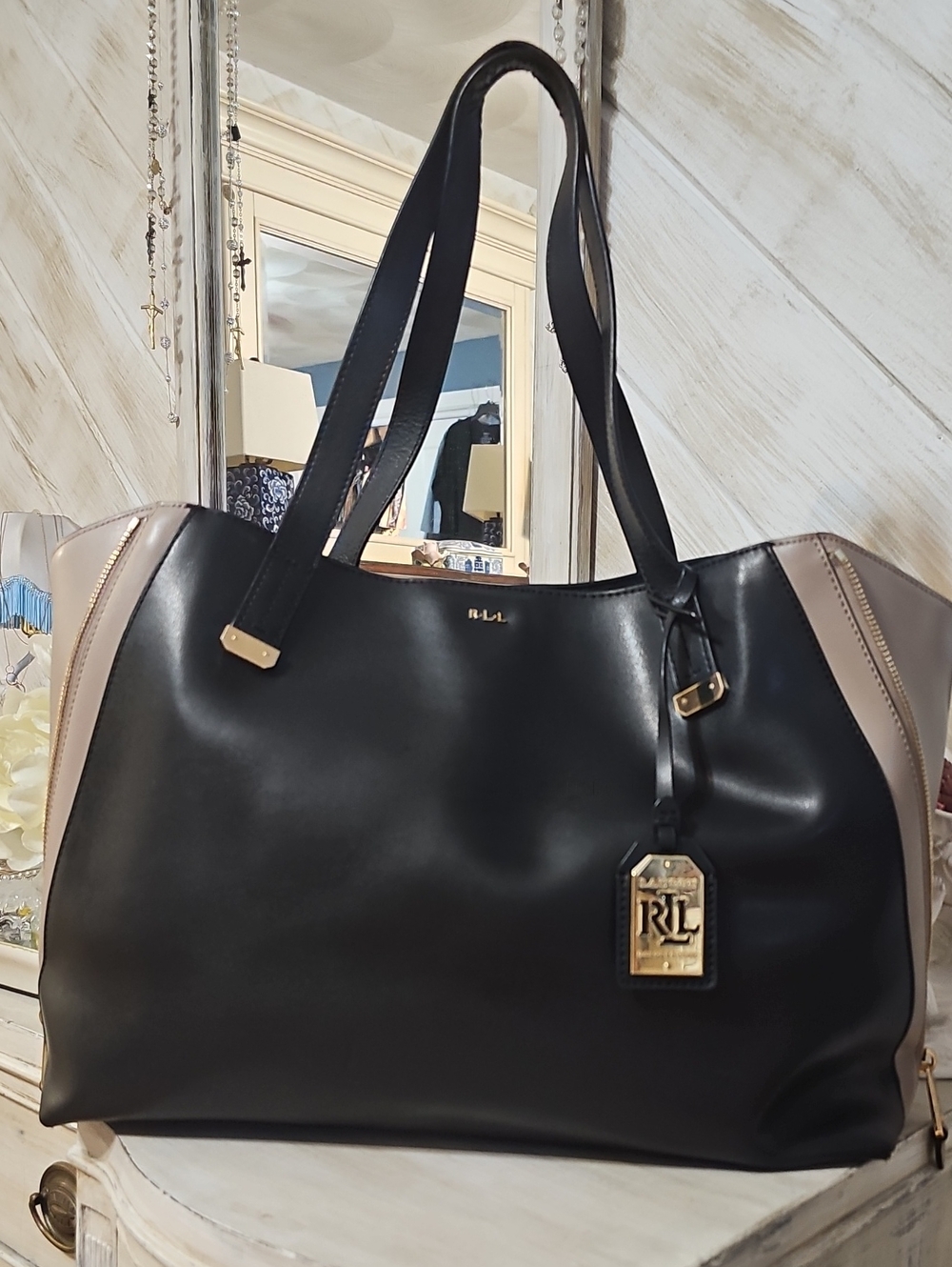 Ralph Lauren Guilford Tote Bag Black And Taupe - Picture 4 of 11